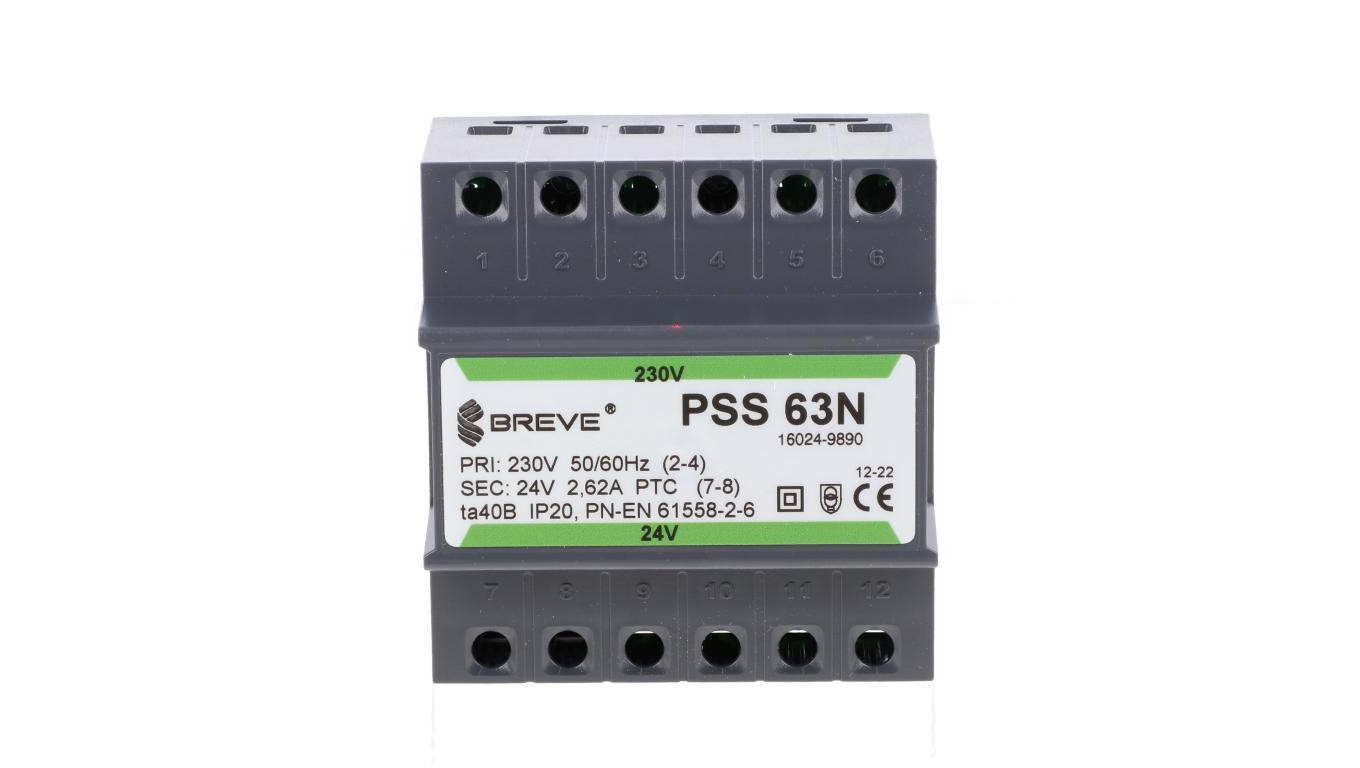 Transformator 1-fazowy modułowy bezpieczeństwa PSS 63N 230/ 24V 2,6A, na szynę DIN, IP20, Ta 40, 16024-9890
