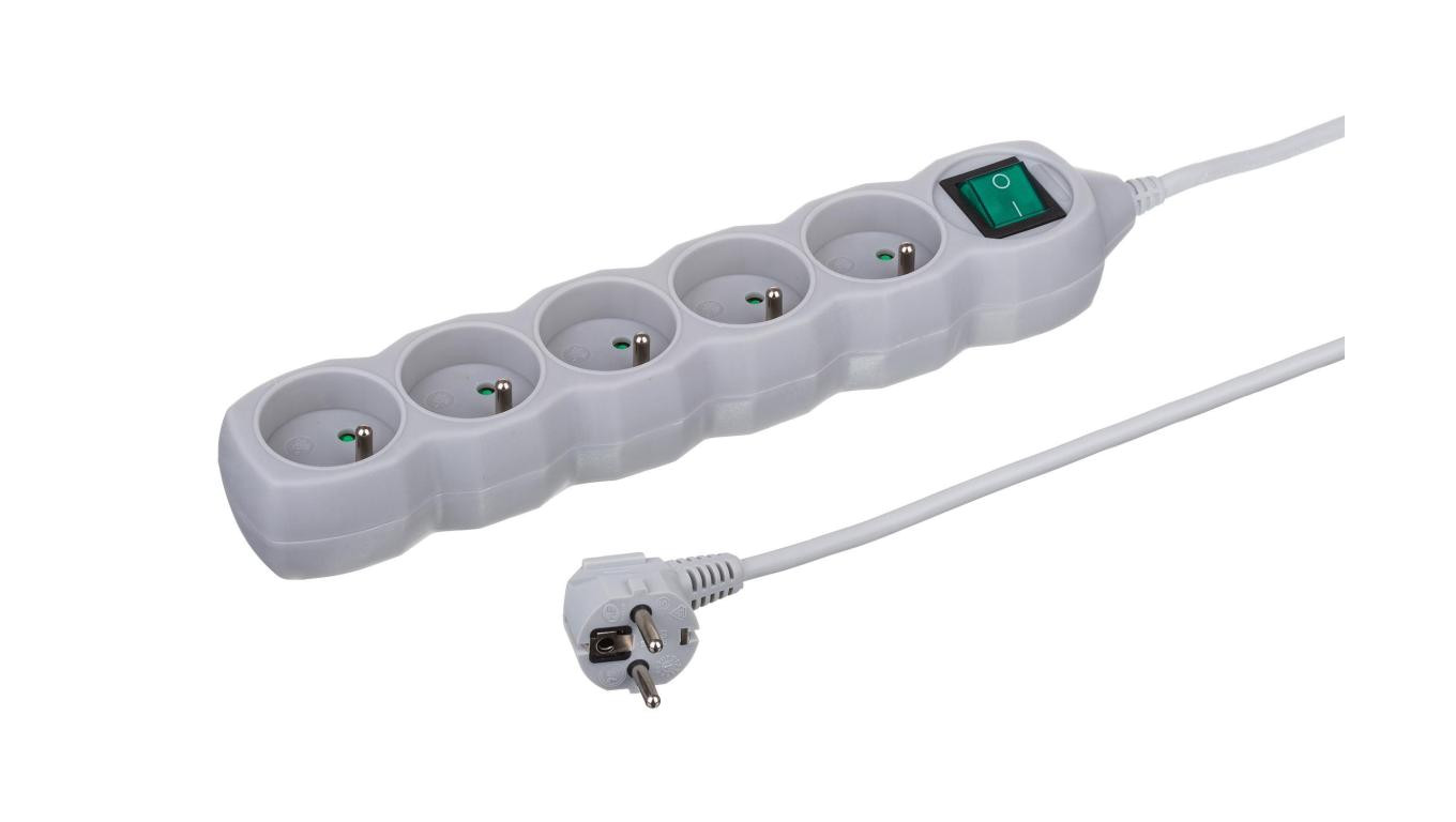 Przedłużacz 5-gniazdowy, 3m szary, z wyłącznikiem, 3x1,0mm OWY / 24363