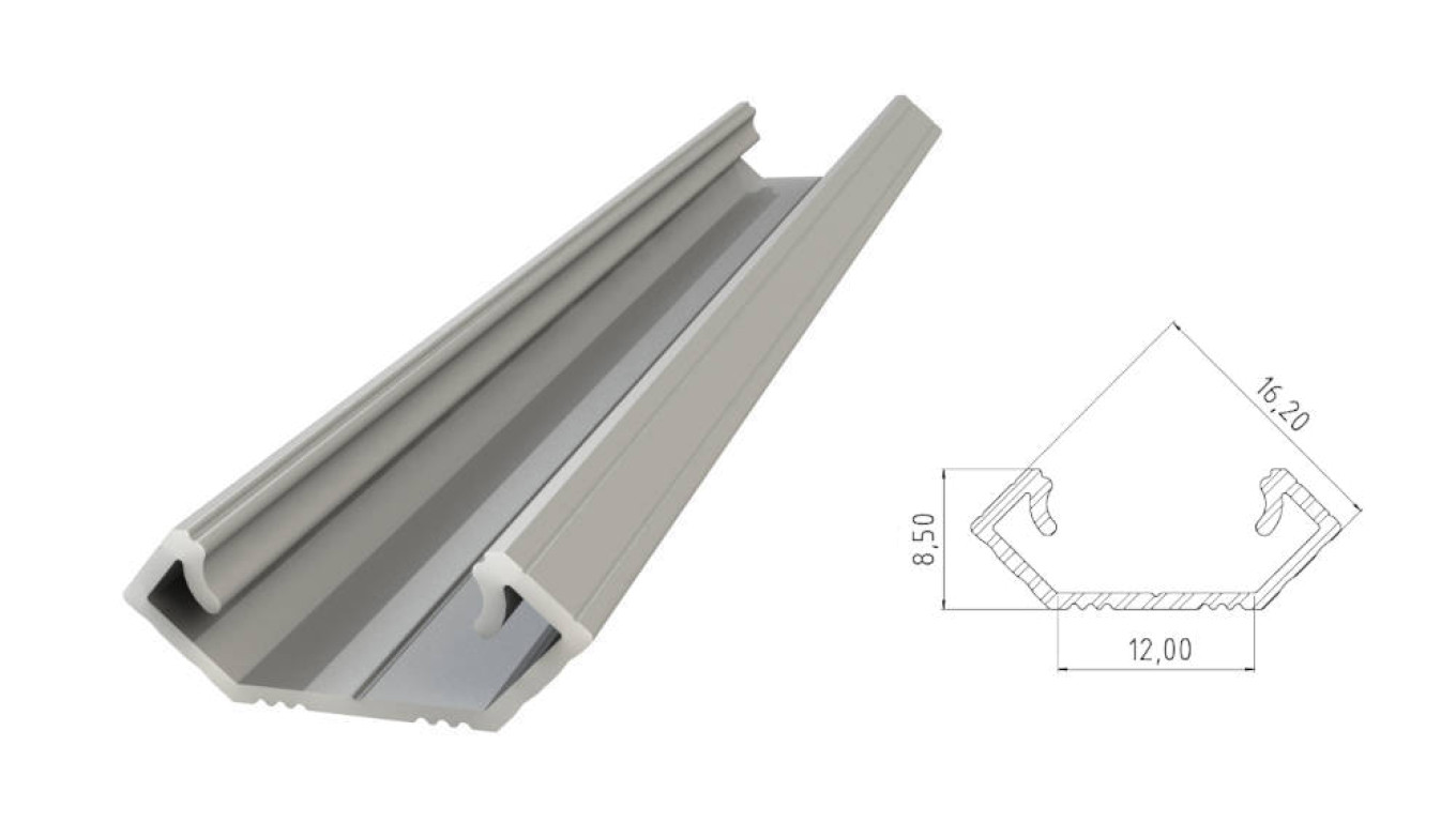 Profil ALU kątowy 45st, anodowany srebrny, dł. 2020, max szer taśmy 12mm