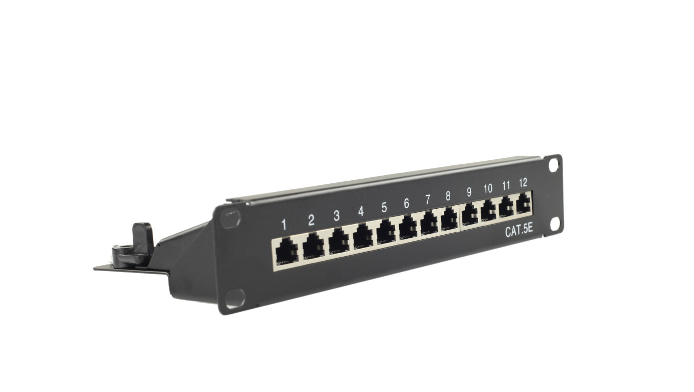 Patch panel RACK 10 cali kat.5e 12p FTP z półką 1U czarny NEKU