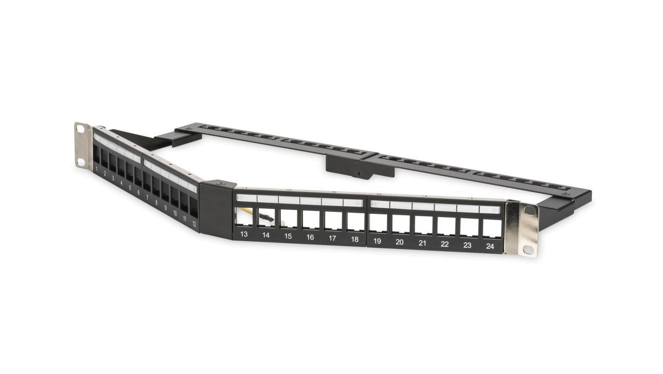 Panel krosowy kątowy 19 24x keystone, ekranowany,1U, czarny, prowadnica kabli, pola opisowe DN-91414S