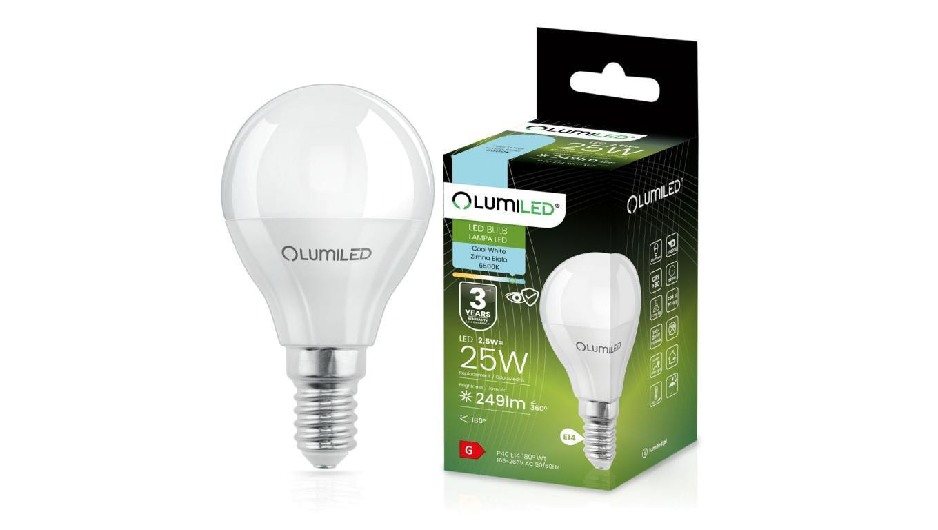 Żarówka LED E14 P40 2.5W = 25W 249lm 6500K Zimna 180 Lumiled
