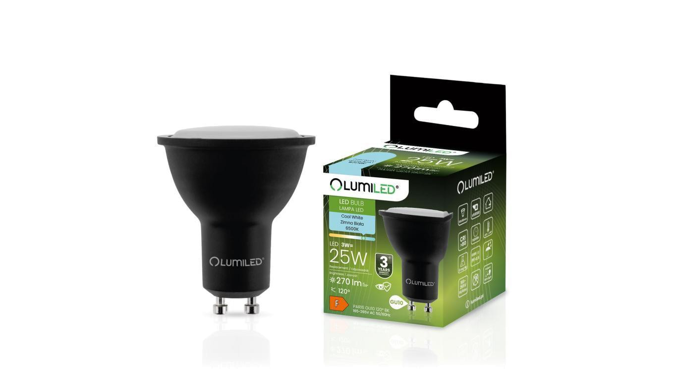 Żarówka LED GU10 3W = 25W 270lm 6500K Zimna 120 Czarna Lumiled