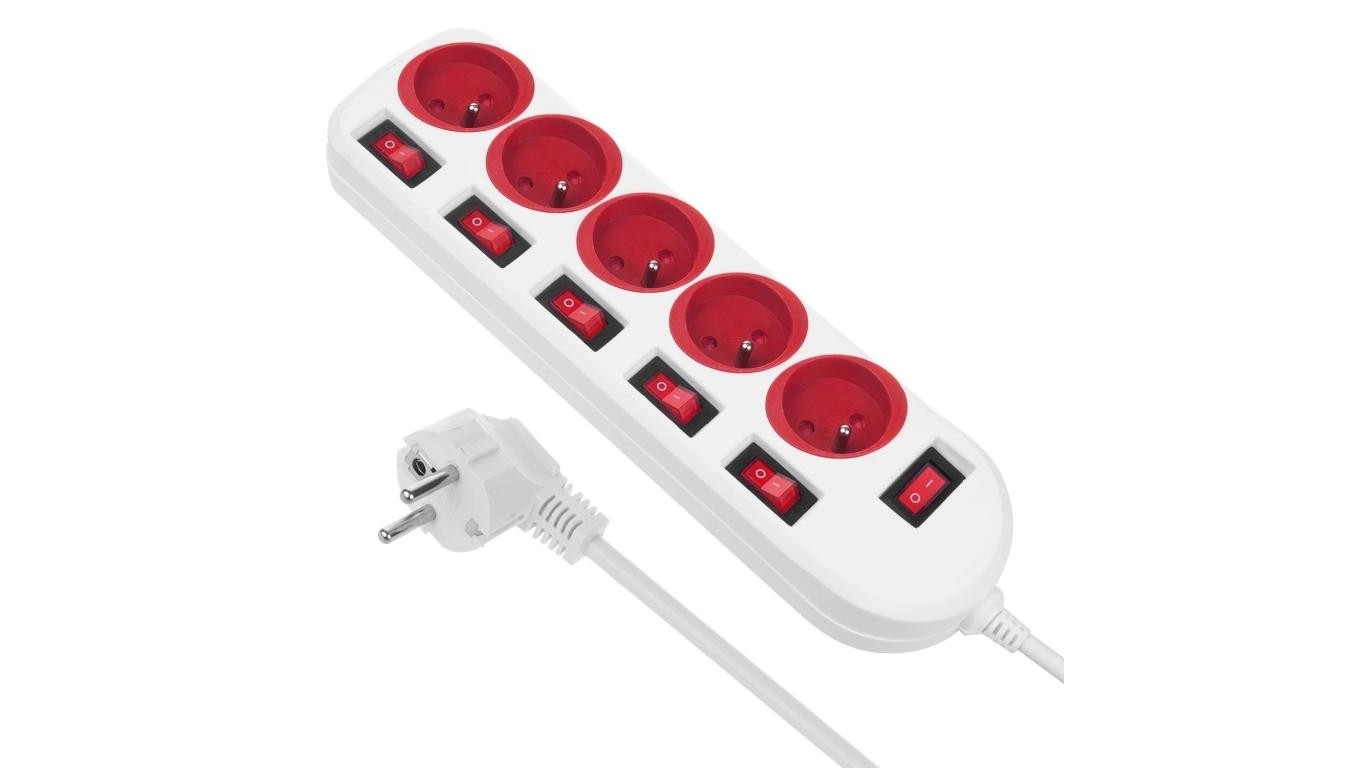 Listwa zasilająca Maclean, przedłużacz 5 gniazd, z włącznikami, 250VAC/10A, 1.5m, MCE204 R/W