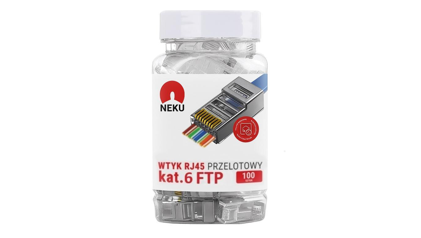 Wtyk modularny RJ45 8P8C kat.6 ekranowany FTP uniwersalny drut linka przelotowy NEKU opakowanie SŁOIK 100szt.