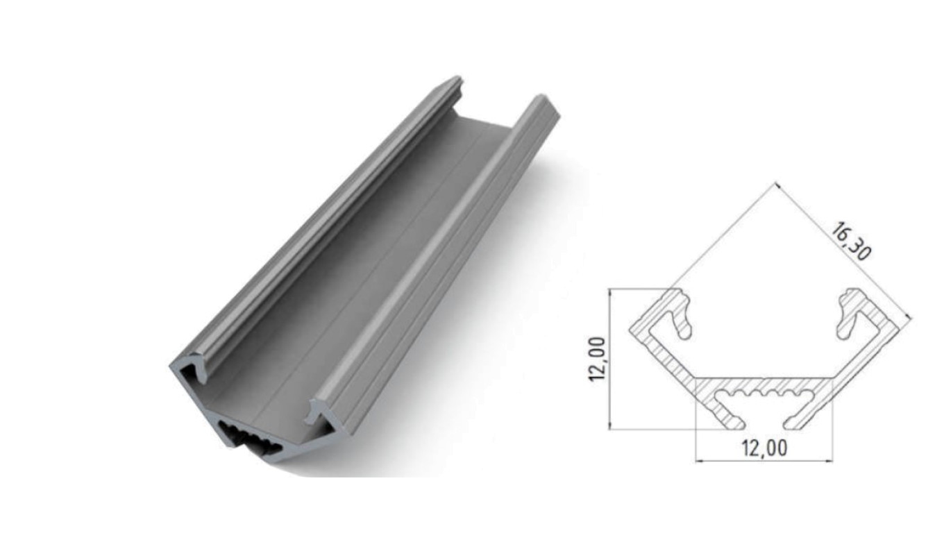 profil ALU kątowy 45st Anodowany srebrny, dł 3000mm, max szer taśmy 12mm